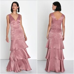 Lulus Exclusive Elegance Mauve Satin Tiered Maxi Dress Sleeveless